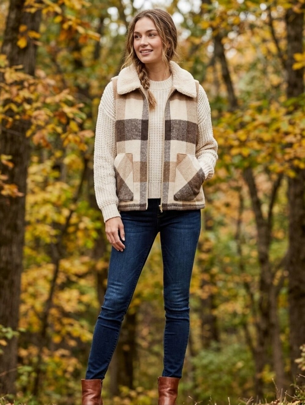 Sanctuary Plaid Zip Up Vest with Sherpa Fleece Collar Womens Size XL